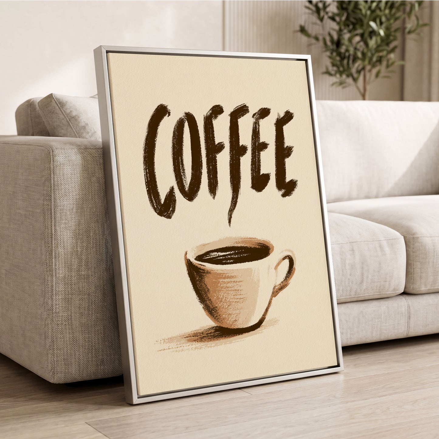 Coffee, Boldly, beige, brown, white minimalist wall art displayed in a styled interior, gallery view 2