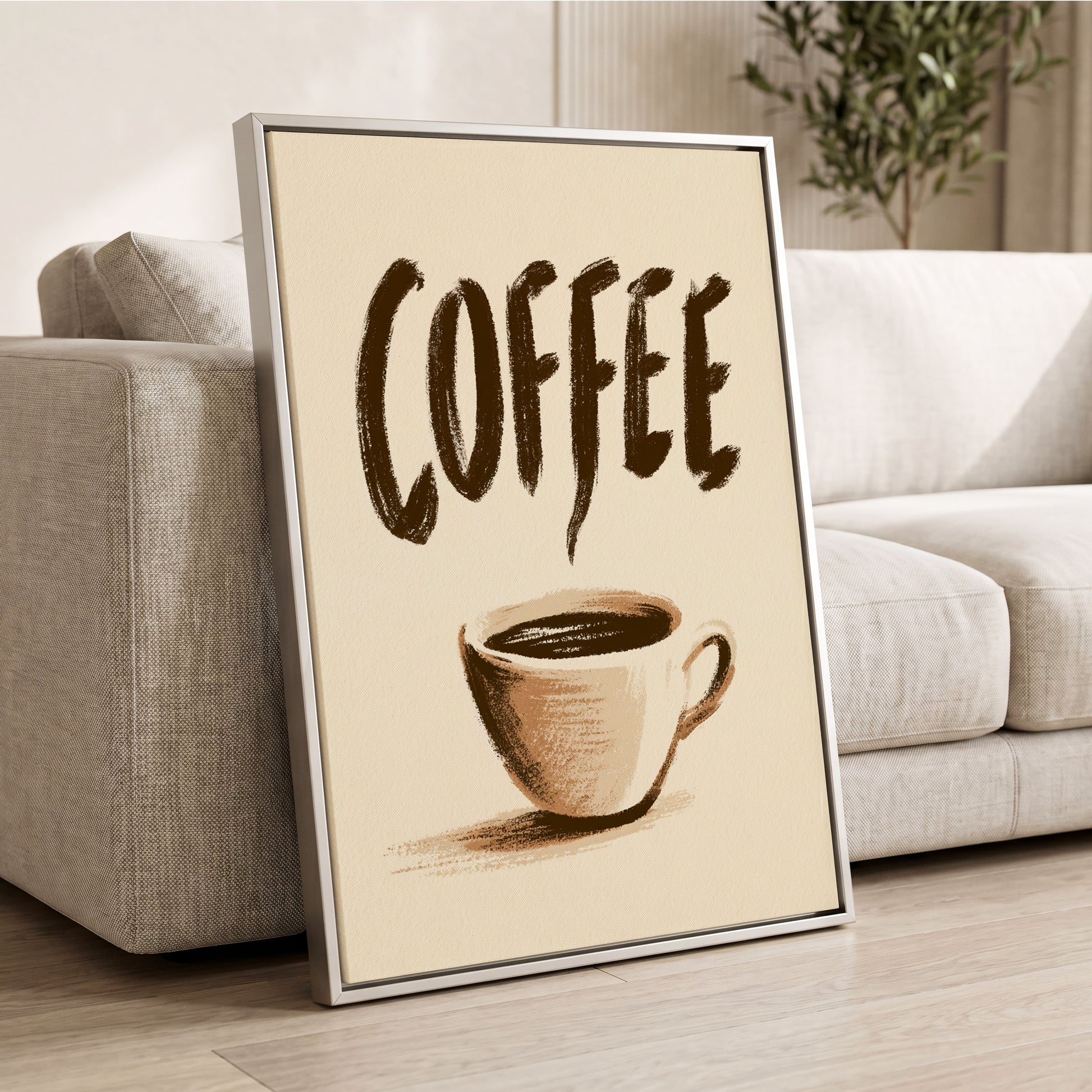 Coffee, Boldly, beige, brown, white minimalist wall art displayed in a styled interior, gallery view 2
