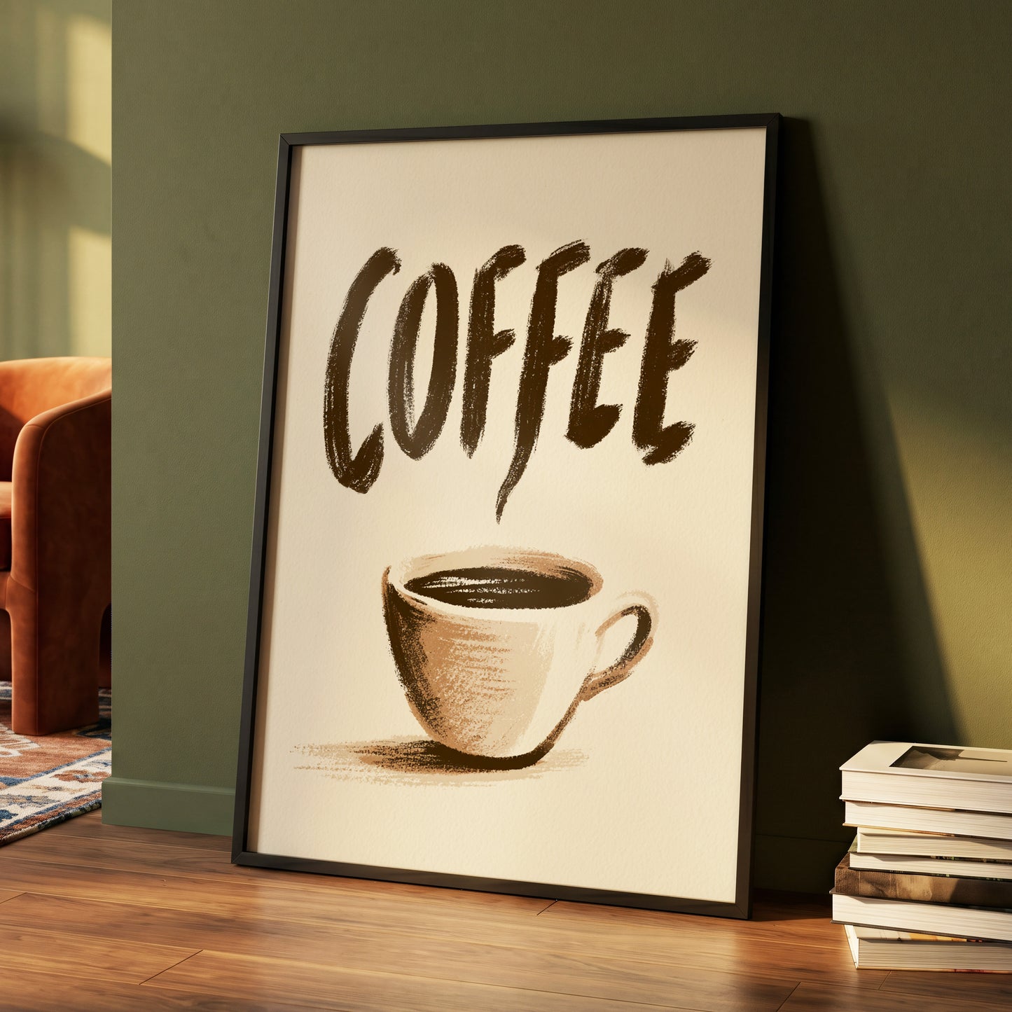 Coffee, Boldly, beige, brown, white minimalist wall art displayed in a styled interior, gallery view 4
