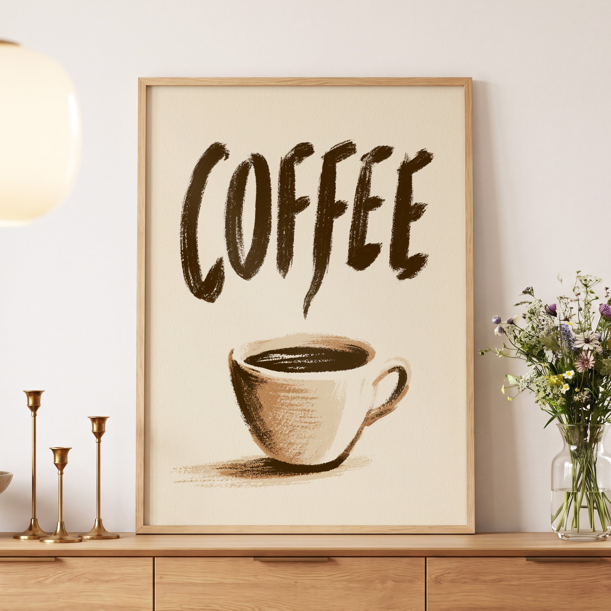 Coffee, Boldly, beige, brown, white minimalist wall art displayed in a styled interior, gallery view 5