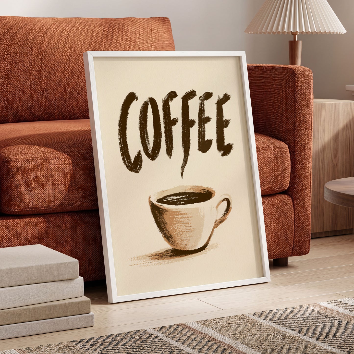 Coffee, Boldly, beige, brown, white minimalist wall art displayed in a styled interior, gallery view 6