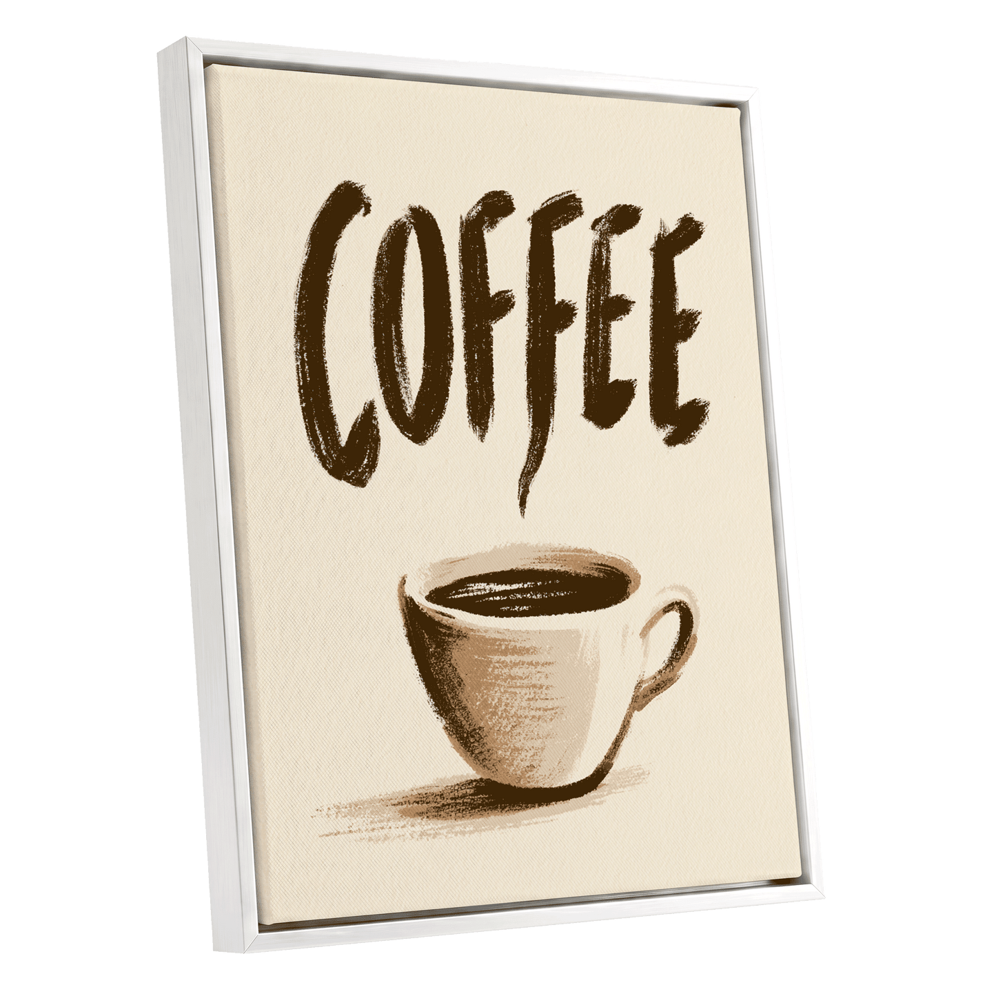 Coffee, Boldly, beige, brown, white minimalist wall art shown as a white framed canvas wall art