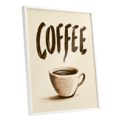 Coffee, Boldly, beige, brown, white minimalist wall art shown as a white framed poster wall art print