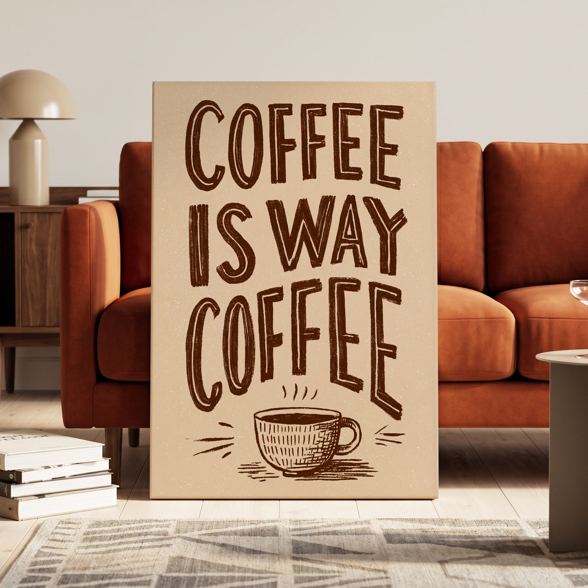 Coffee Is the Way, beige, brown, white minimalist wall art on canvas displayed in a styled interior, gallery view 1