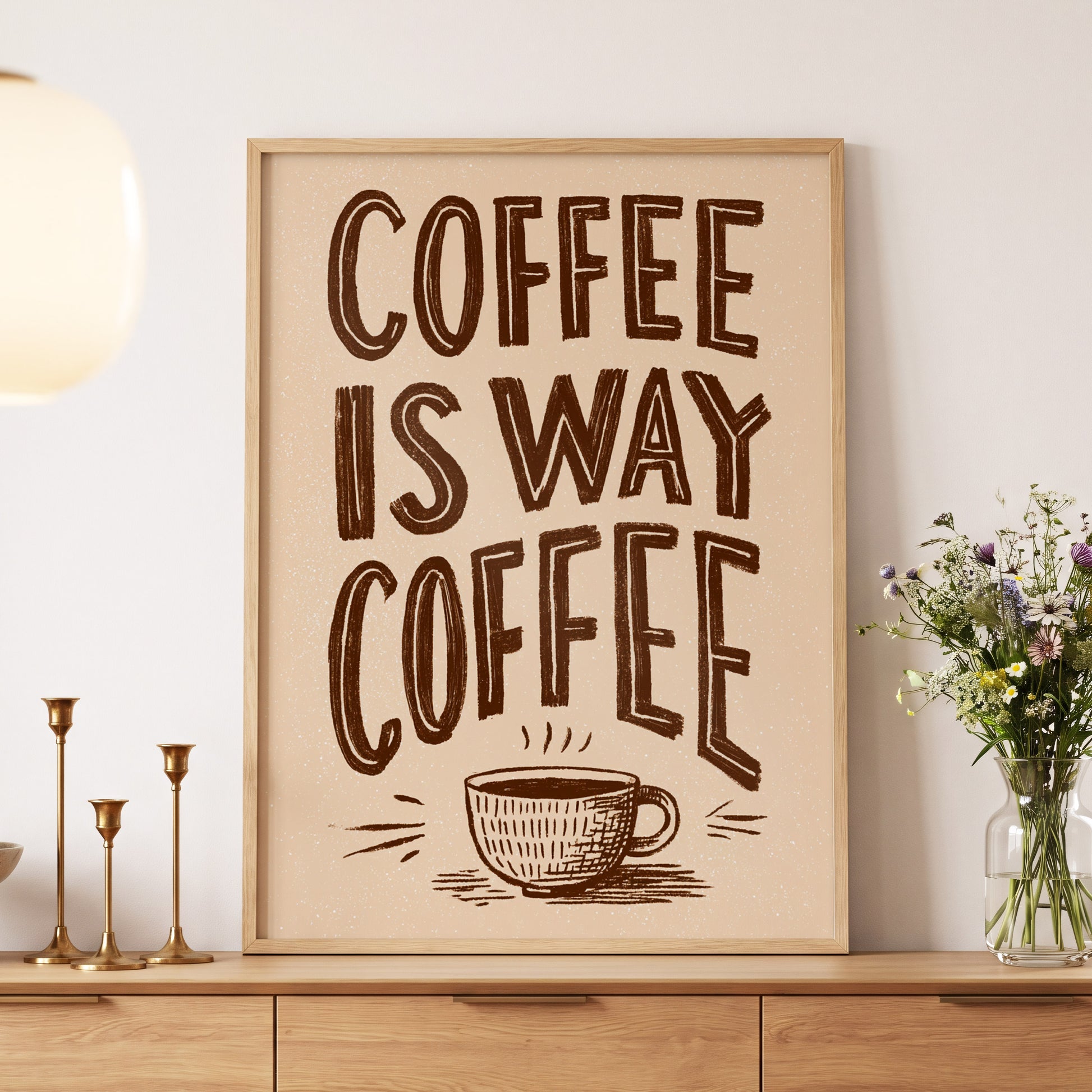 Coffee Is the Way, beige, brown, white minimalist wall art displayed in a styled interior, gallery view 5