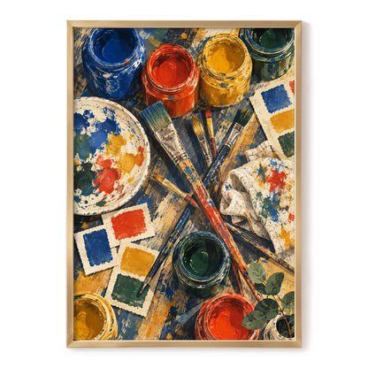 Colour at Work, blue, red, yellow abstract wall art, front artwork view