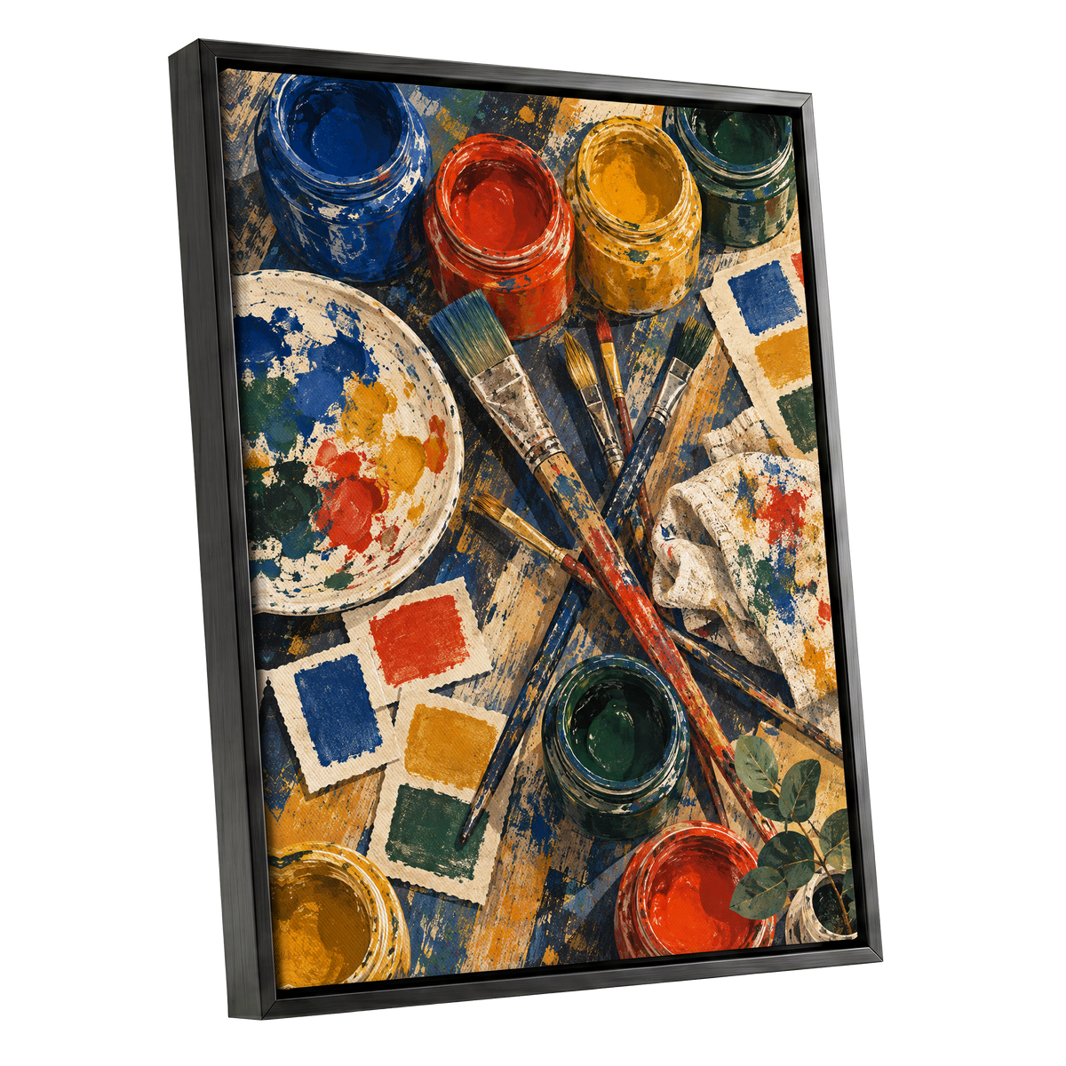 Colour at Work, blue, red, yellow abstract wall art shown as a black framed canvas wall art