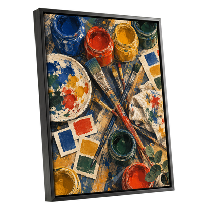 Colour at Work, blue, red, yellow abstract wall art shown as a black framed canvas wall art