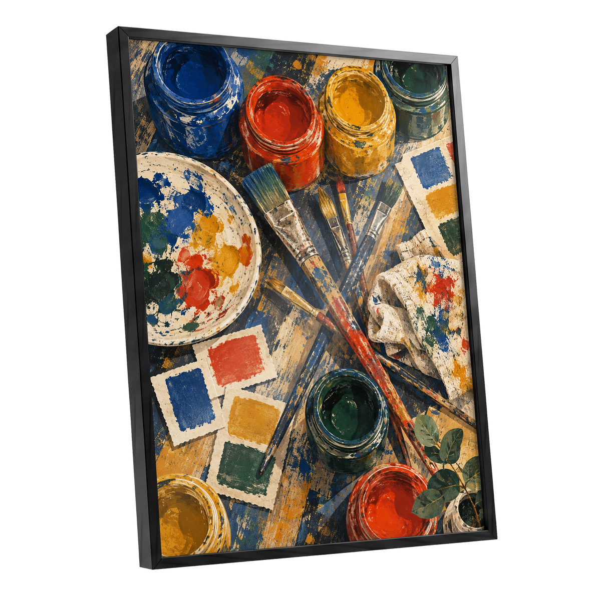 Colour at Work, blue, red, yellow abstract wall art shown as a black framed poster wall art print