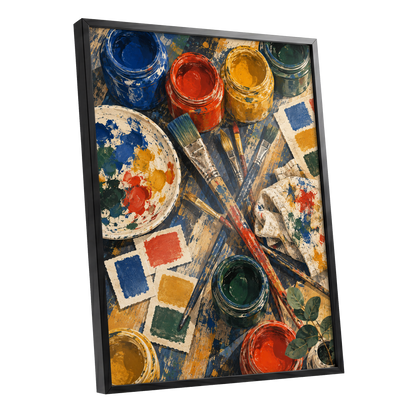 Colour at Work, blue, red, yellow abstract wall art shown as a black framed poster wall art print