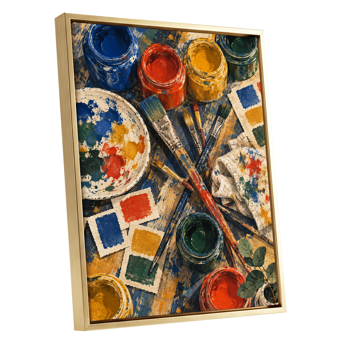 Colour at Work, blue, red, yellow abstract wall art shown as a gold framed canvas wall art