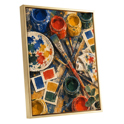 Colour at Work, blue, red, yellow abstract wall art shown as a gold framed canvas wall art