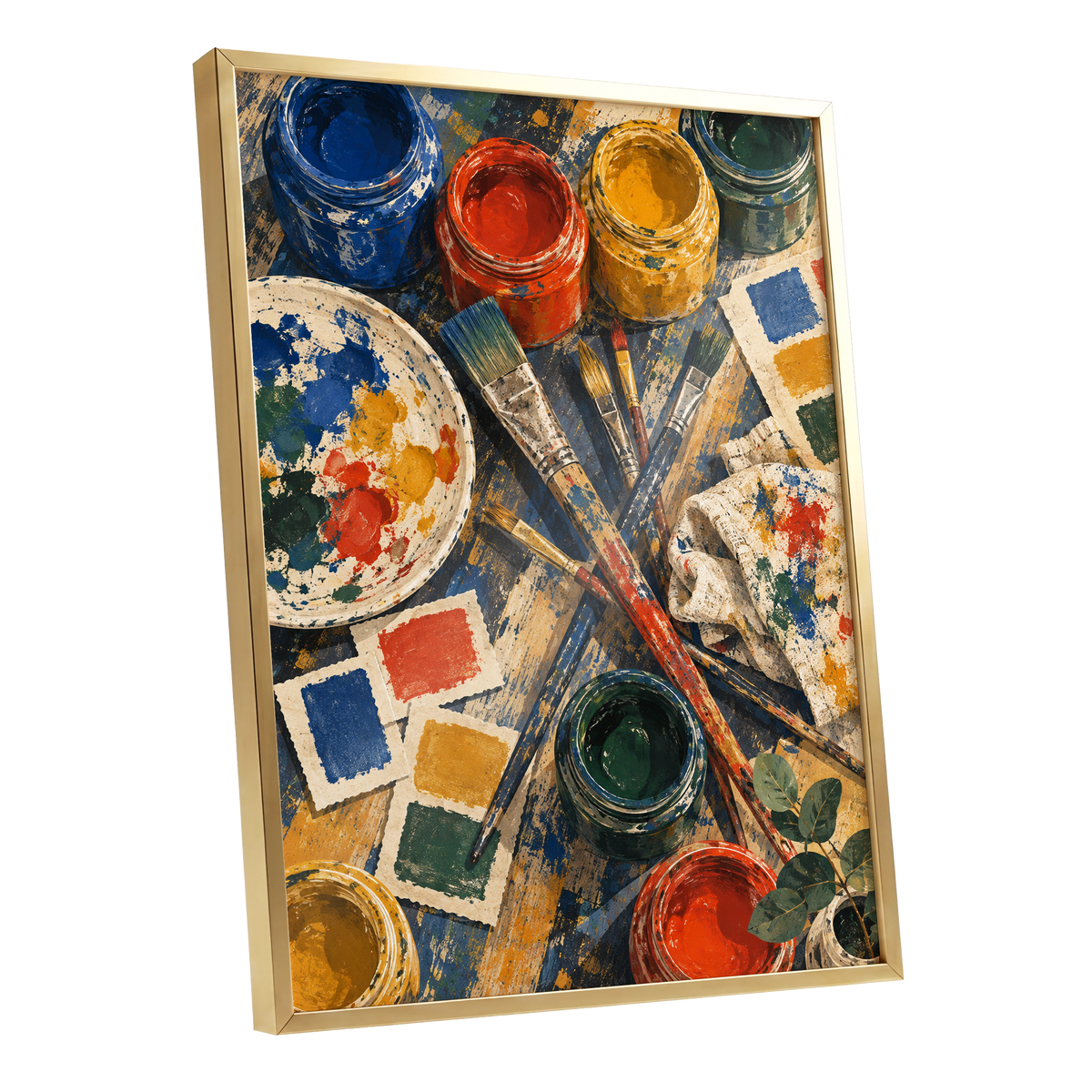 Colour at Work, blue, red, yellow abstract wall art shown as a gold framed poster wall art print