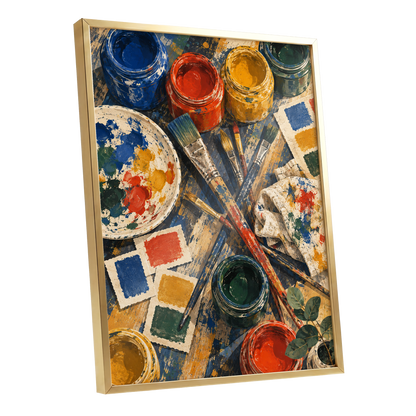 Colour at Work, blue, red, yellow abstract wall art shown as a gold framed poster wall art print