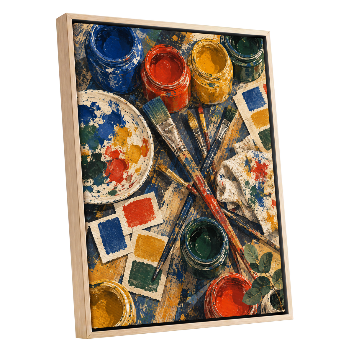 Colour at Work, blue, red, yellow abstract wall art shown as a oak framed canvas wall art