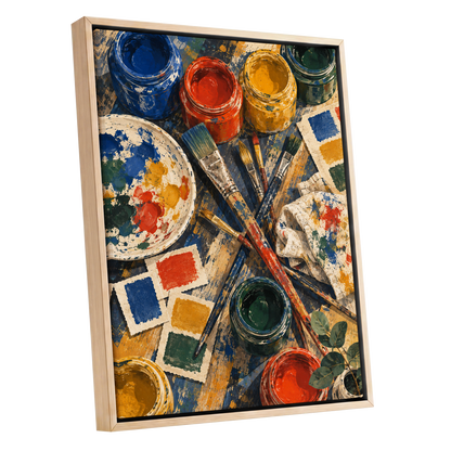 Colour at Work, blue, red, yellow abstract wall art shown as a oak framed canvas wall art