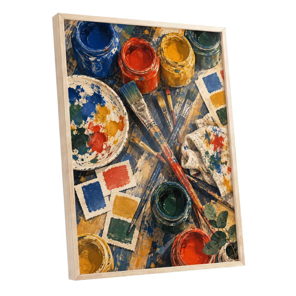 Colour at Work, blue, red, yellow abstract wall art shown as a oak framed poster wall art print
