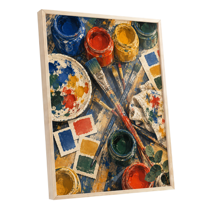 Colour at Work, blue, red, yellow abstract wall art shown as a oak framed poster wall art print