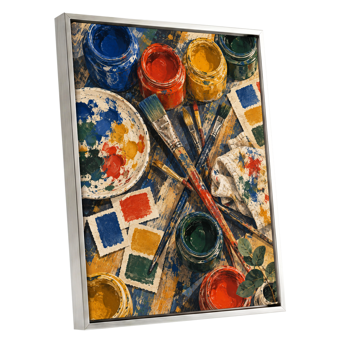Colour at Work, blue, red, yellow abstract wall art shown as a silver framed canvas wall art