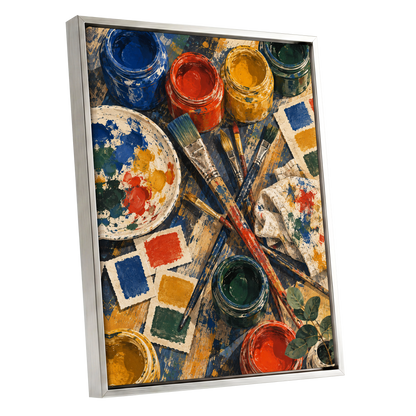 Colour at Work, blue, red, yellow abstract wall art shown as a silver framed canvas wall art