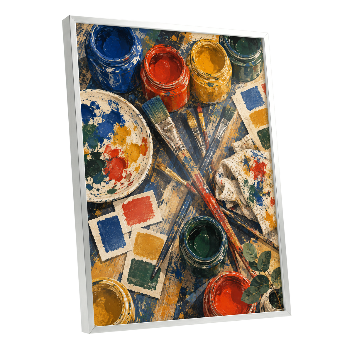 Colour at Work, blue, red, yellow abstract wall art shown as a silver framed poster wall art print