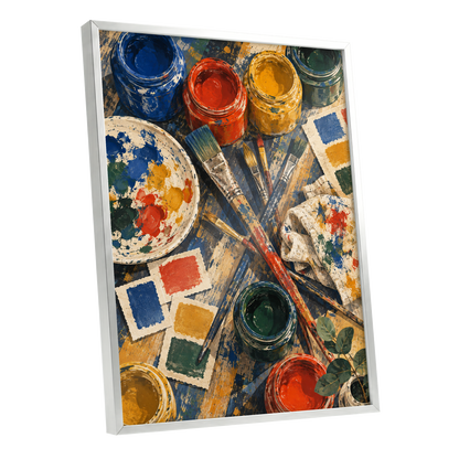 Colour at Work, blue, red, yellow abstract wall art shown as a silver framed poster wall art print