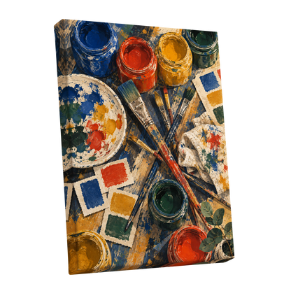 Colour at Work, blue, red, yellow abstract wall art shown as a stretched canvas wall art
