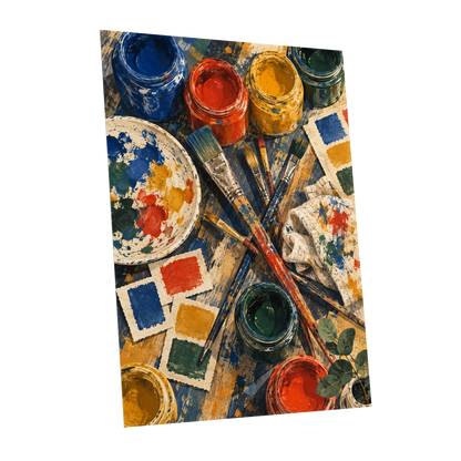 Colour at Work, blue, red, yellow abstract wall art shown as a unframed poster wall art print