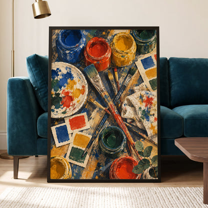 Colour at Work, blue, red, yellow abstract wall art displayed in a styled interior, gallery view 2