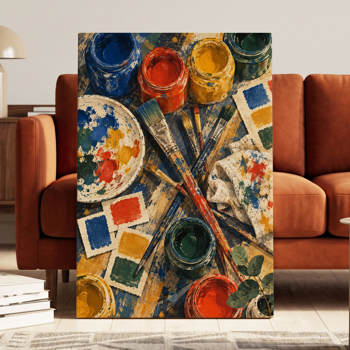 Colour at Work, blue, red, yellow abstract wall art displayed in a styled interior, gallery view 3