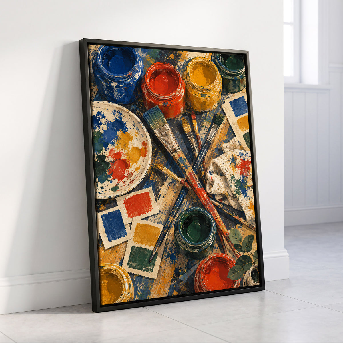 Colour at Work, blue, red, yellow abstract wall art displayed in a styled interior, gallery view 4