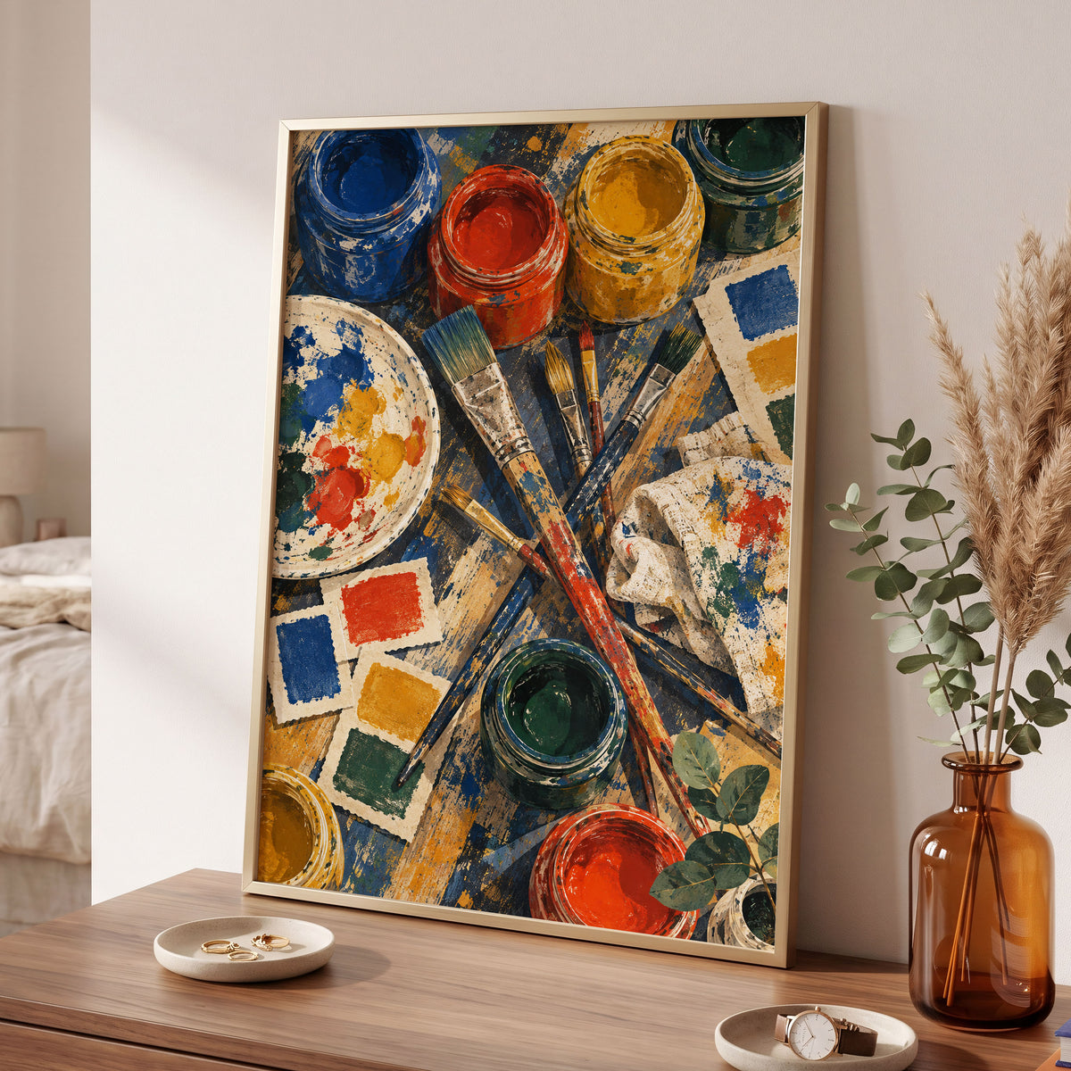 Colour at Work, blue, red, yellow abstract wall art displayed in a styled interior, gallery view 9
