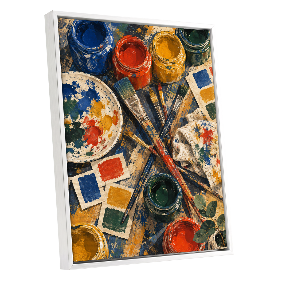 Colour at Work, blue, red, yellow abstract wall art shown as a white framed canvas wall art