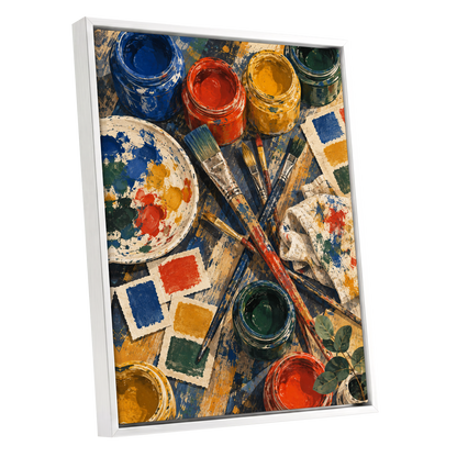 Colour at Work, blue, red, yellow abstract wall art shown as a white framed canvas wall art