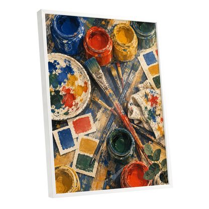 Colour at Work, blue, red, yellow abstract wall art shown as a white framed poster wall art print