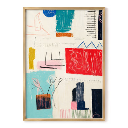 Colourblock Rhythm, beige, red, blue abstract wall art, front artwork view