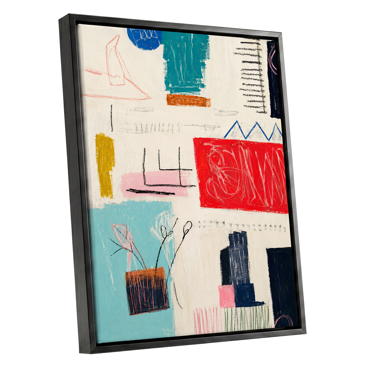 Colourblock Rhythm, beige, red, blue abstract wall art shown as a black framed canvas wall art