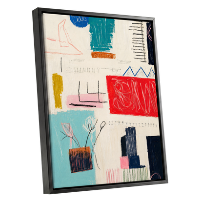 Colourblock Rhythm, beige, red, blue abstract wall art shown as a black framed canvas wall art