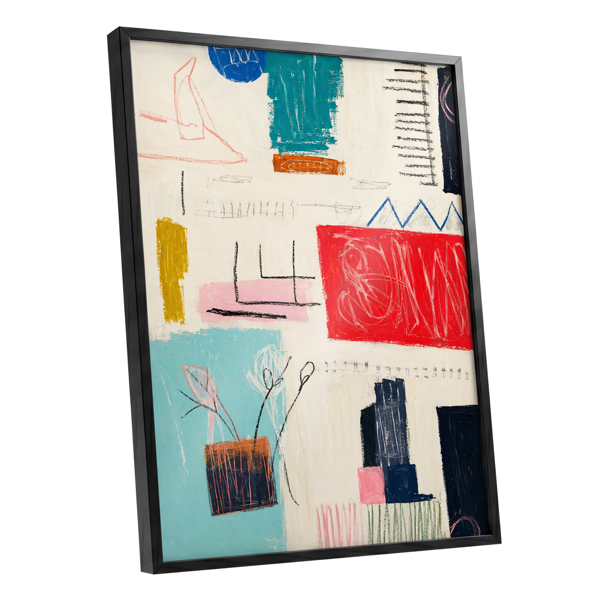 Colourblock Rhythm, beige, red, blue abstract wall art shown as a black framed poster wall art print