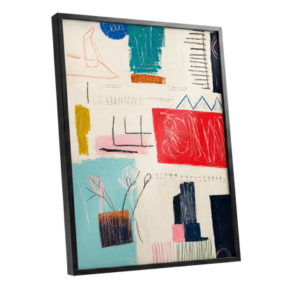 Colourblock Rhythm, beige, red, blue abstract wall art shown as a black framed poster wall art print