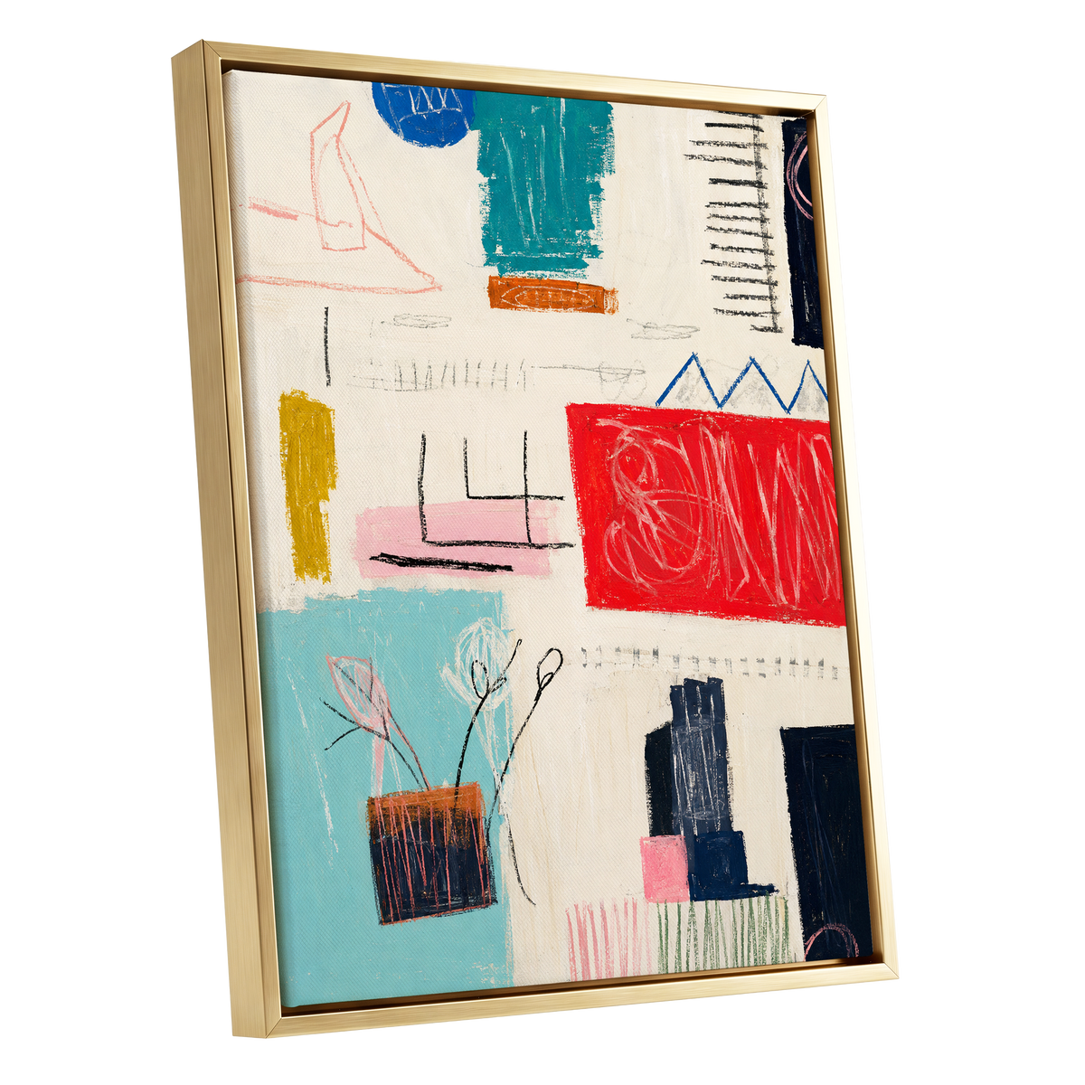 Colourblock Rhythm, beige, red, blue abstract wall art shown as a gold framed canvas wall art