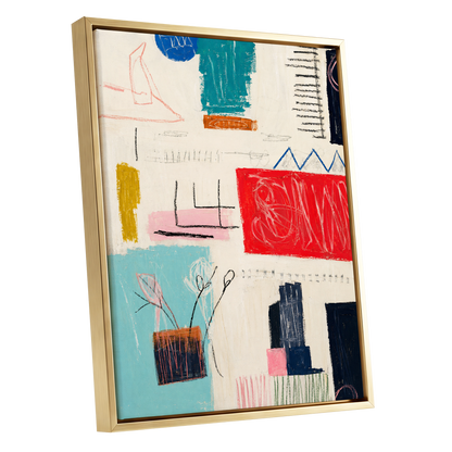 Colourblock Rhythm, beige, red, blue abstract wall art shown as a gold framed canvas wall art