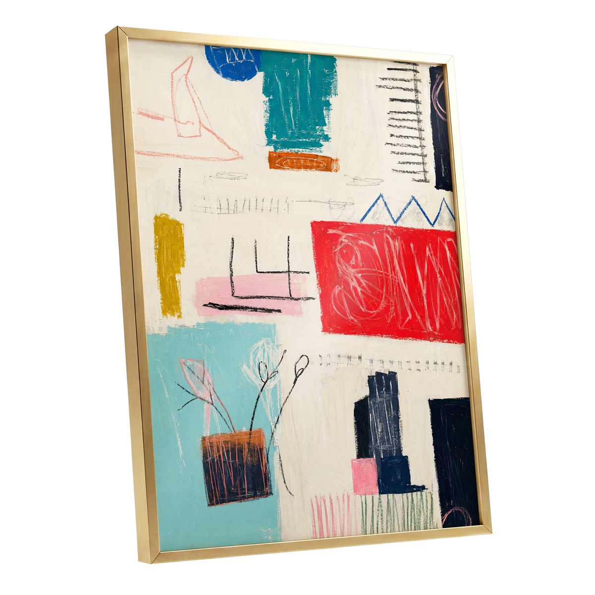 Colourblock Rhythm, beige, red, blue abstract wall art shown as a gold framed poster wall art print