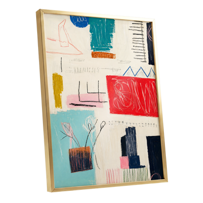 Colourblock Rhythm, beige, red, blue abstract wall art shown as a gold framed poster wall art print