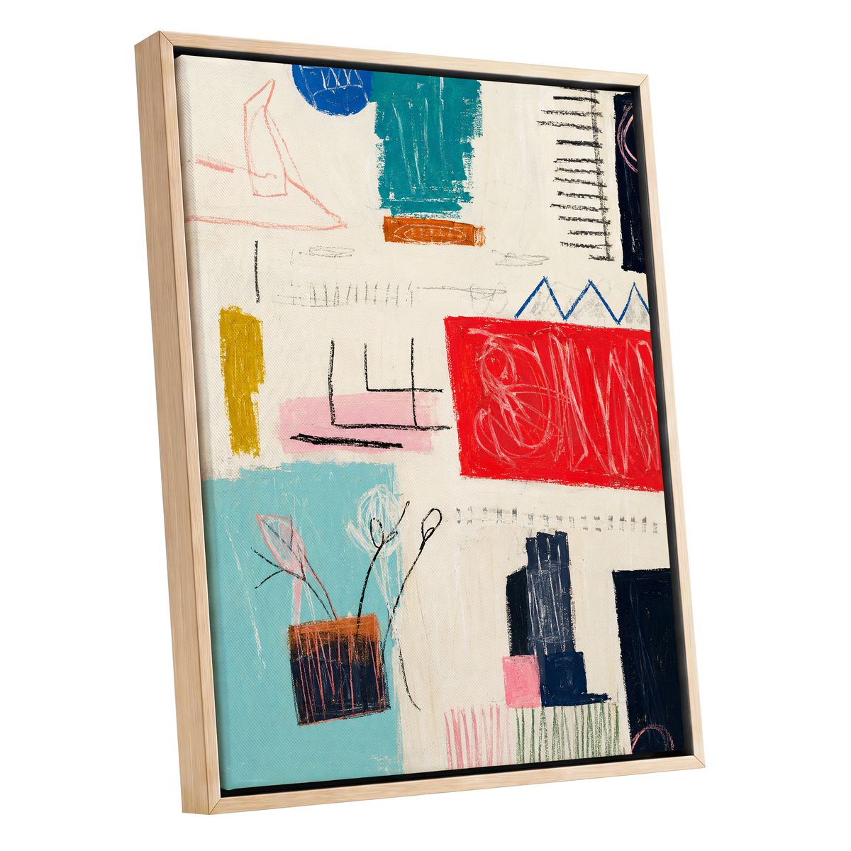 Colourblock Rhythm, beige, red, blue abstract wall art shown as a oak framed canvas wall art