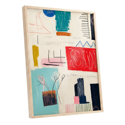Colourblock Rhythm, beige, red, blue abstract wall art shown as a oak framed poster wall art print