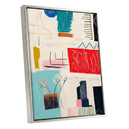 Colourblock Rhythm, beige, red, blue abstract wall art shown as a silver framed canvas wall art