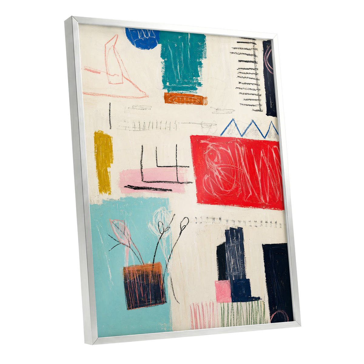 Colourblock Rhythm, beige, red, blue abstract wall art shown as a silver framed poster wall art print