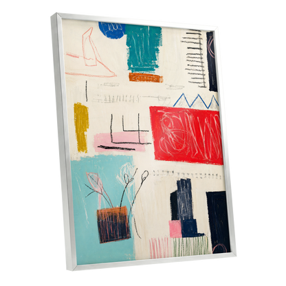 Colourblock Rhythm, beige, red, blue abstract wall art shown as a silver framed poster wall art print