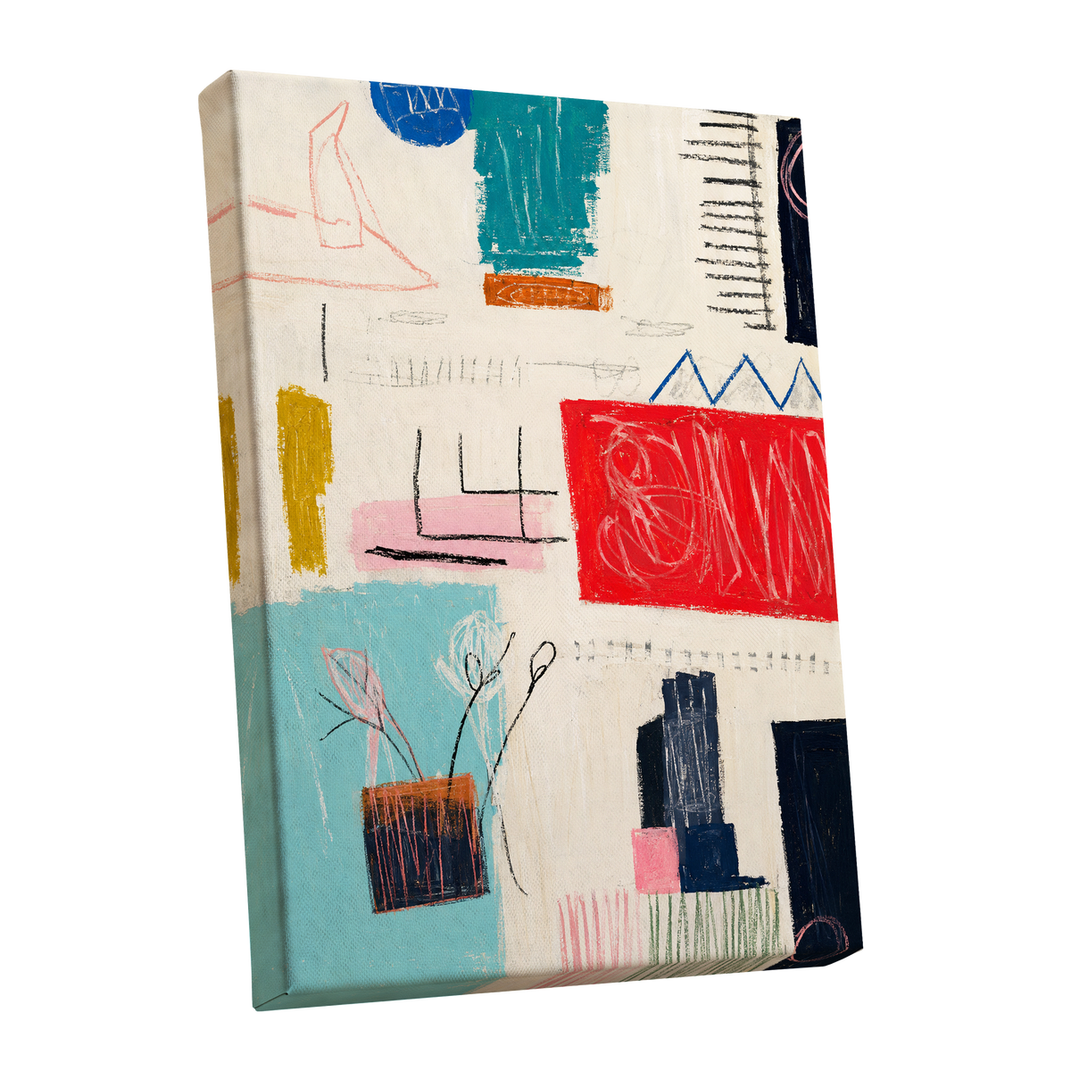 Colourblock Rhythm, beige, red, blue abstract wall art shown as a stretched canvas wall art